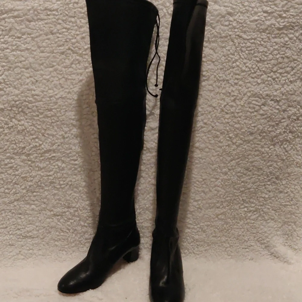 New!Designer Stuart Weitzman Black Leather Over The Knee Pull On Boots Y2K Retr